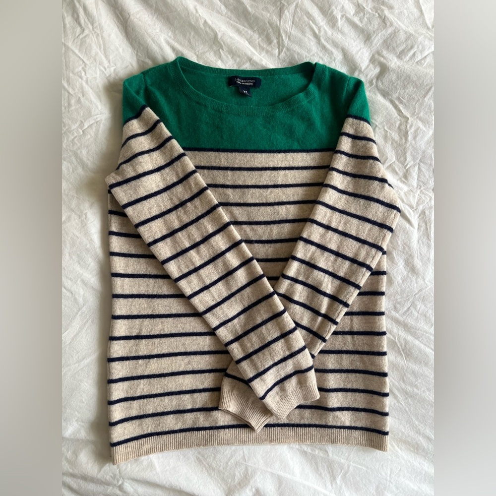 Lands End Cashmere Green and Beige Striped Sweater